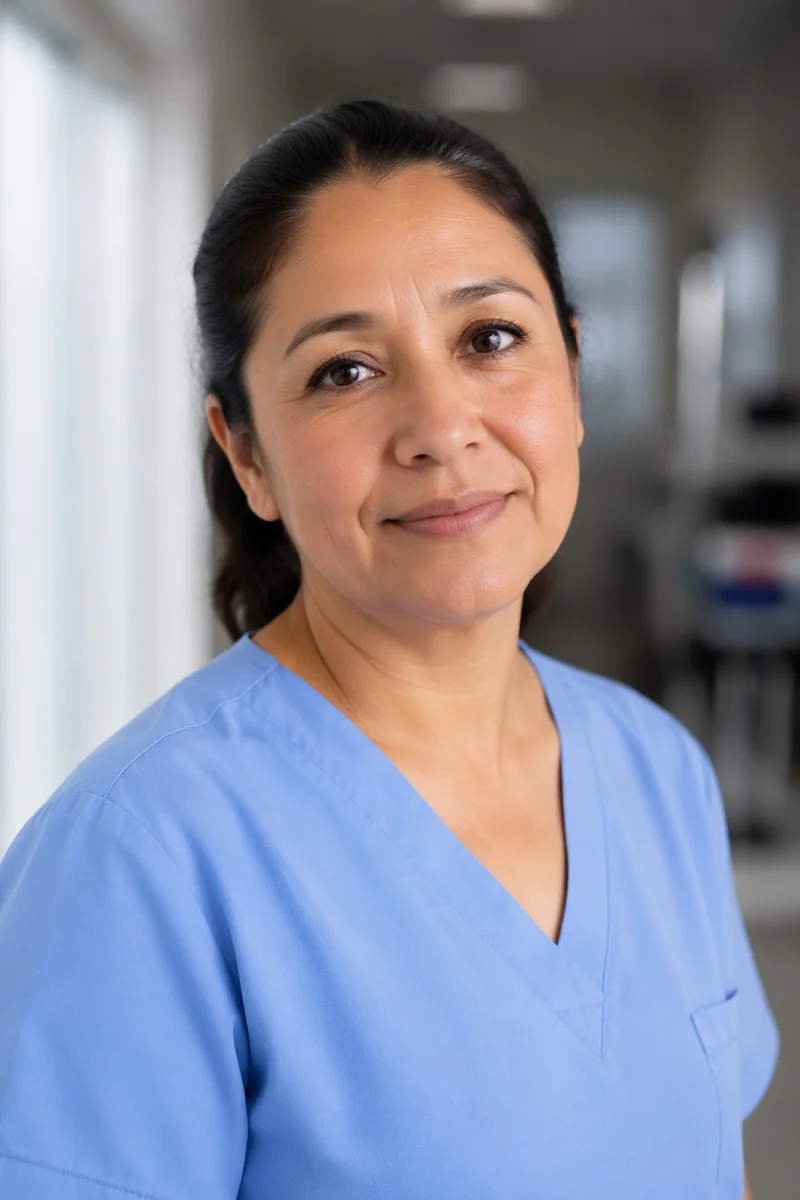 Compassionate Nurse Headshot in Clinic Hallway