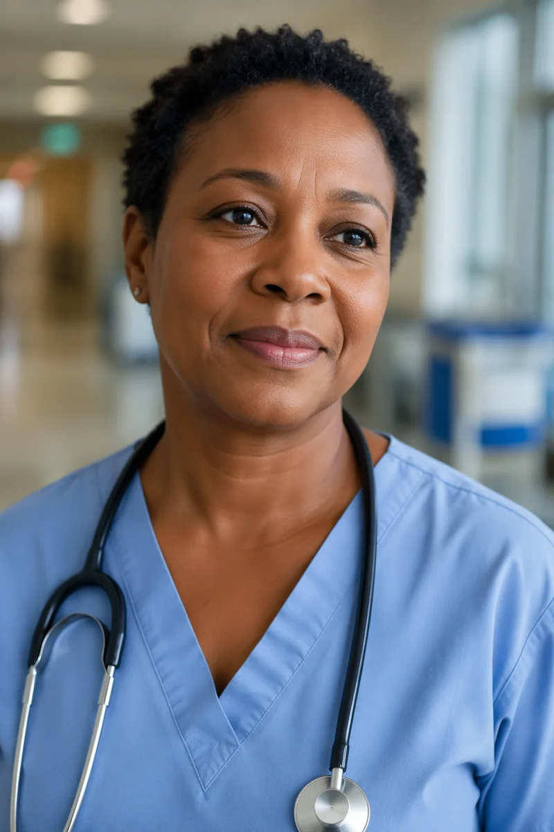 Empathetic Nurse in Hospital Corridor Portrait