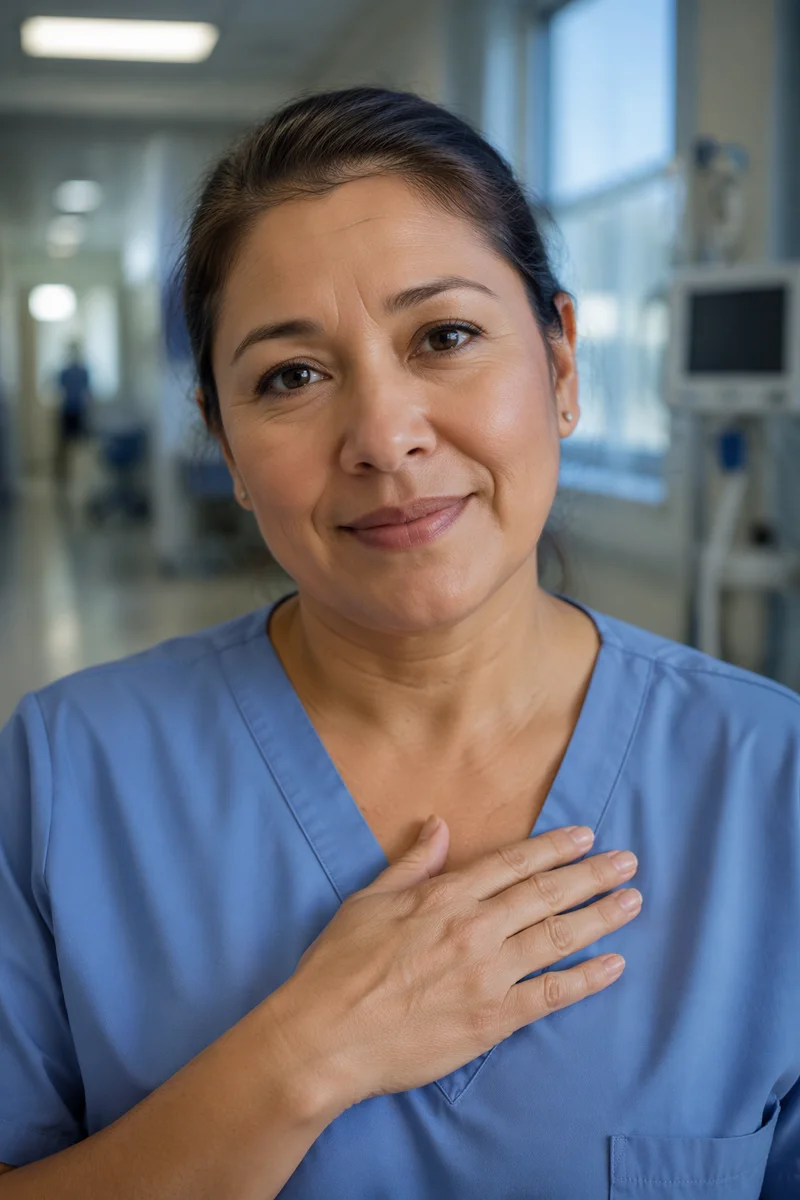 Compassionate Nurse Headshot in Hospital Corridor