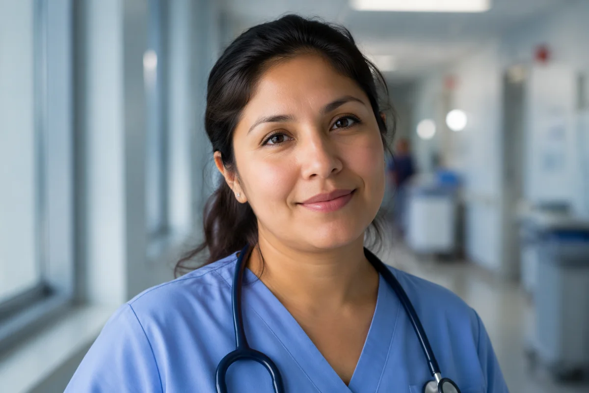 Compassionate Nurse Portrait in Hospital Corridor