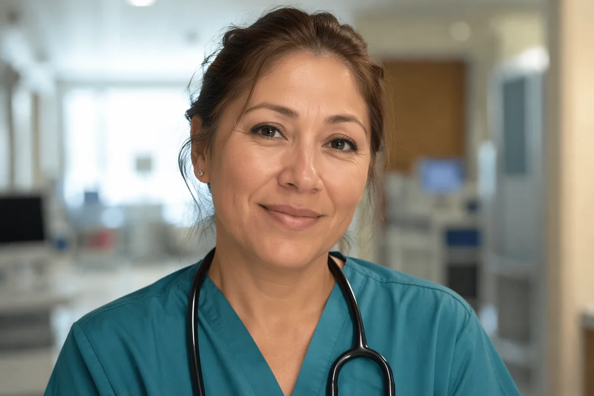 Compassionate Nurse Headshot in Hospital Corridor