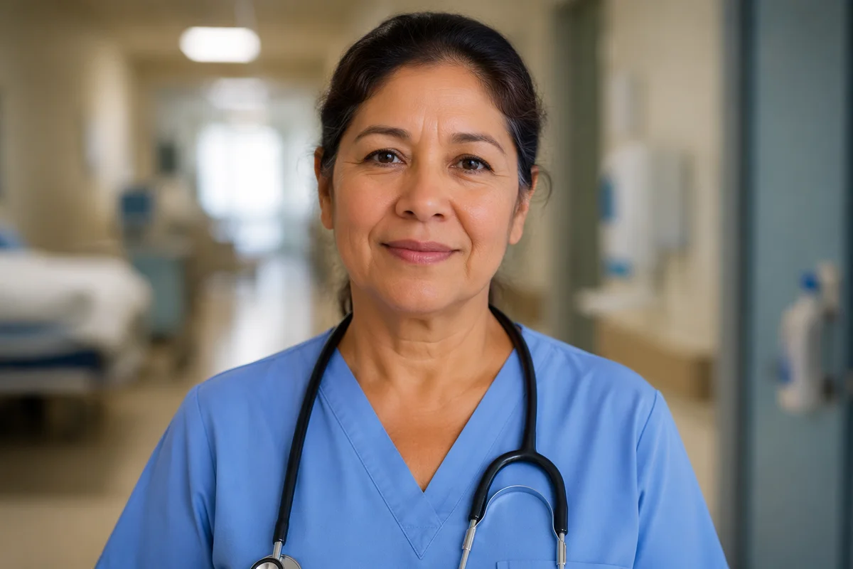 Compassionate Nurse Portrait in Hospital Corridor