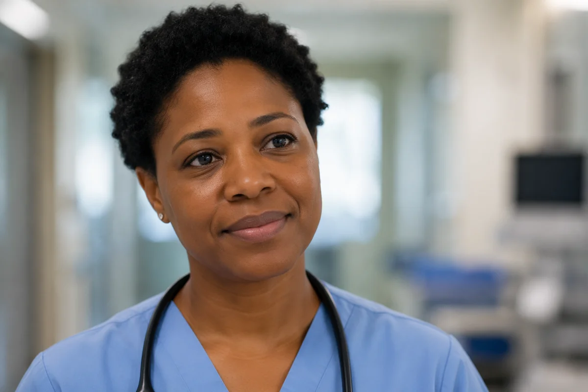 Compassionate Nurse in Hospital Corridor Portrait
