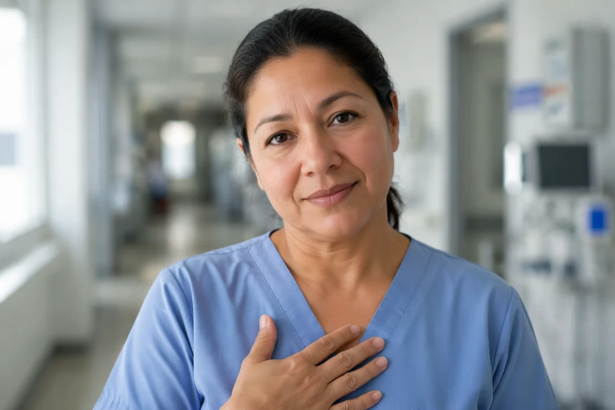 Compassionate Nurse Headshot in Hospital Corridor