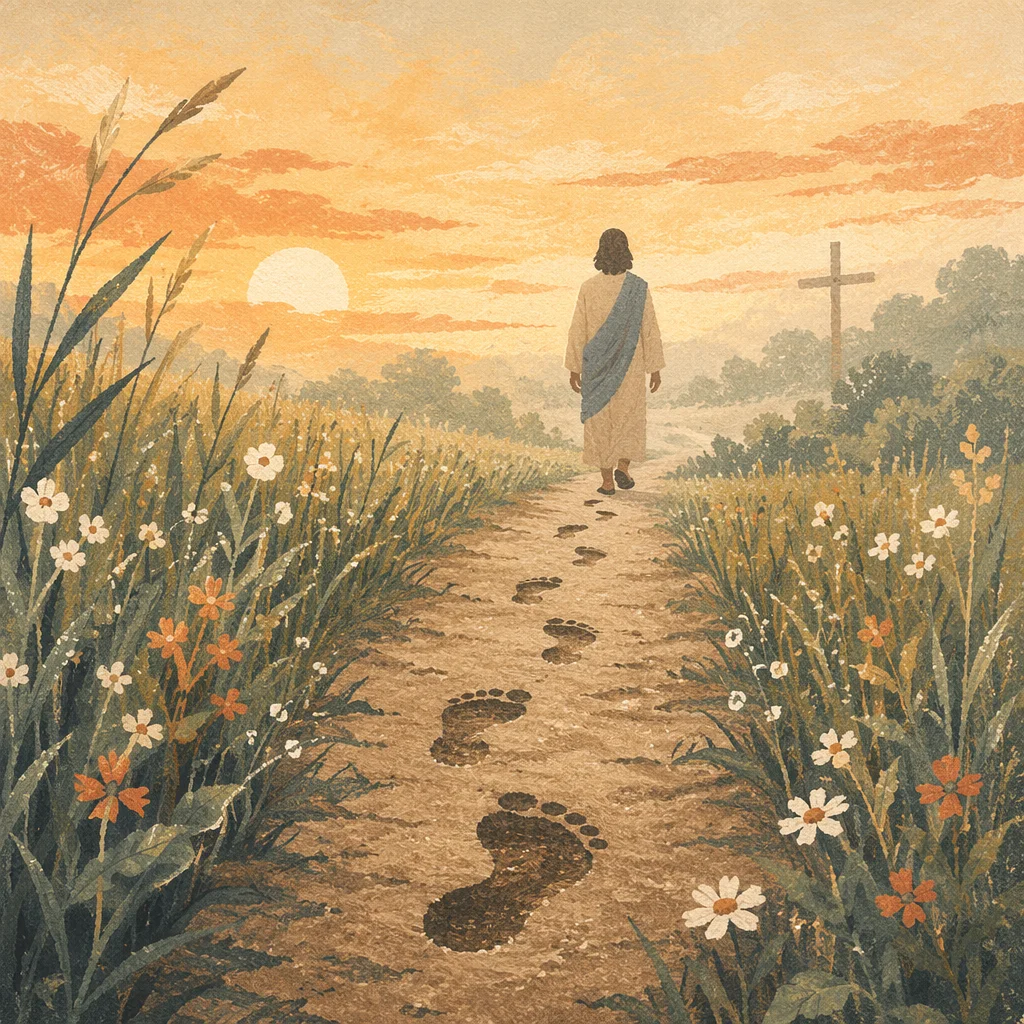 Obedient Footsteps Through Dawn Meadow Path