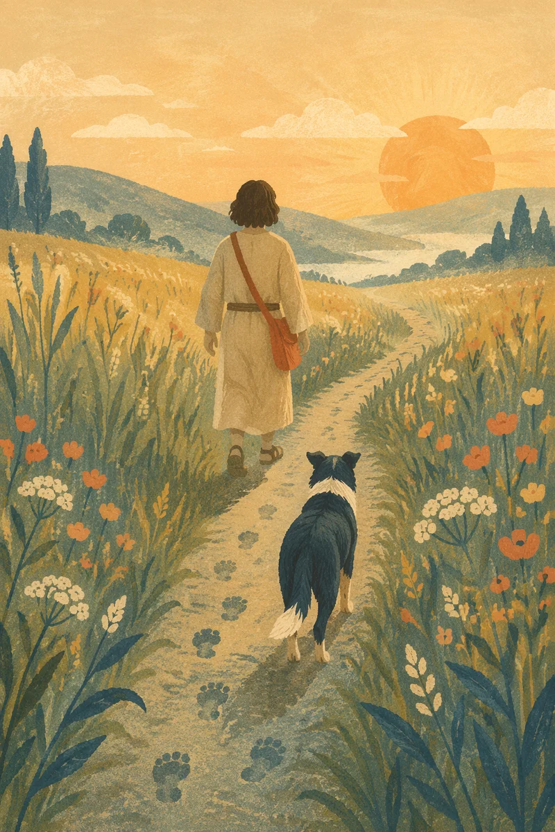 Obedient Dog Following Along Meadow Path
