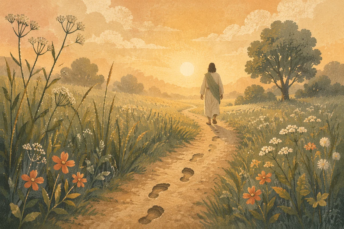 Obedient Footsteps Through Dawn Meadow Path