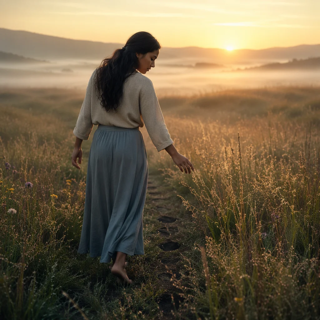 Young Woman Walking Through Misty Meadow