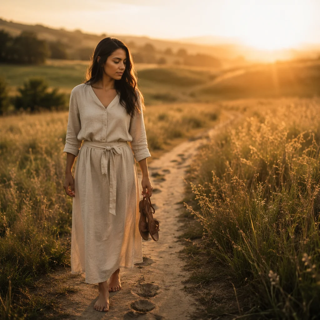 Woman Walking Meadow Path at Sunrise