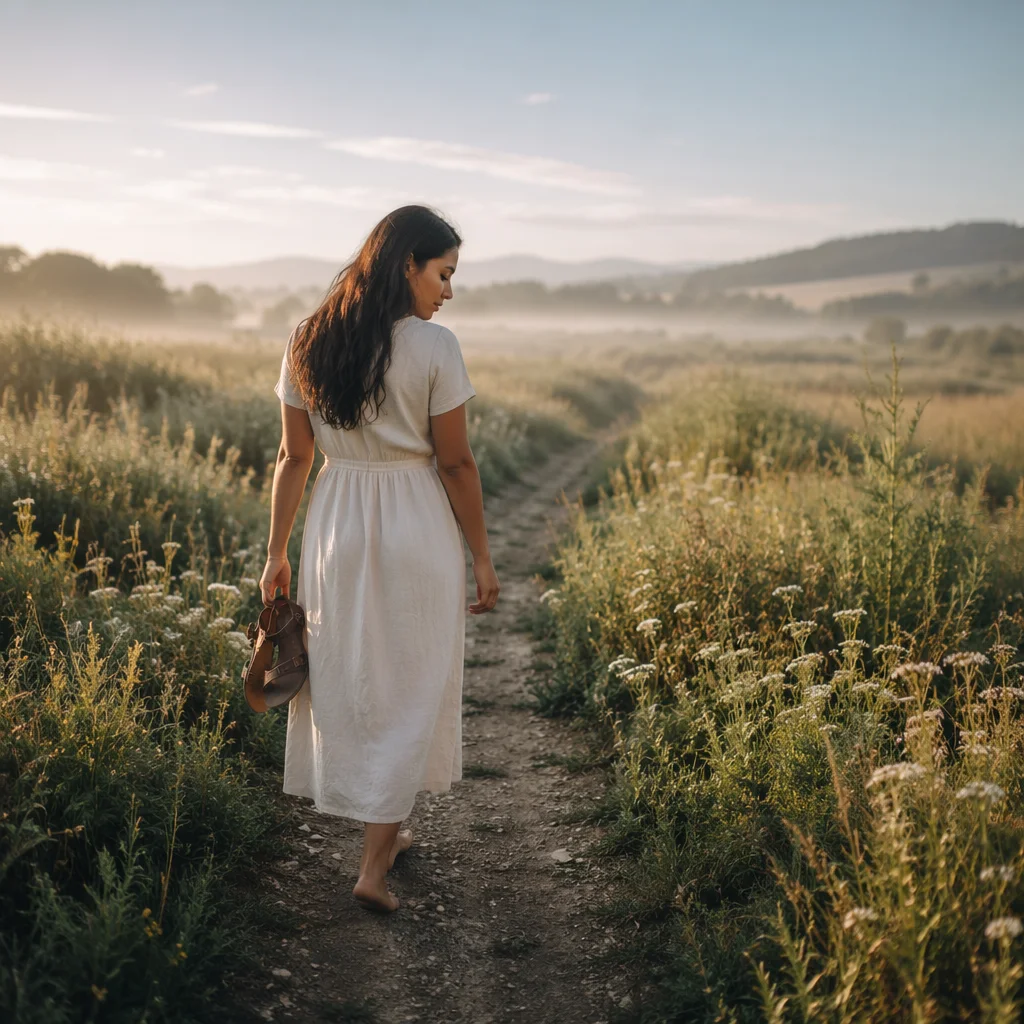 Woman Walking Meadow Path at Dawn