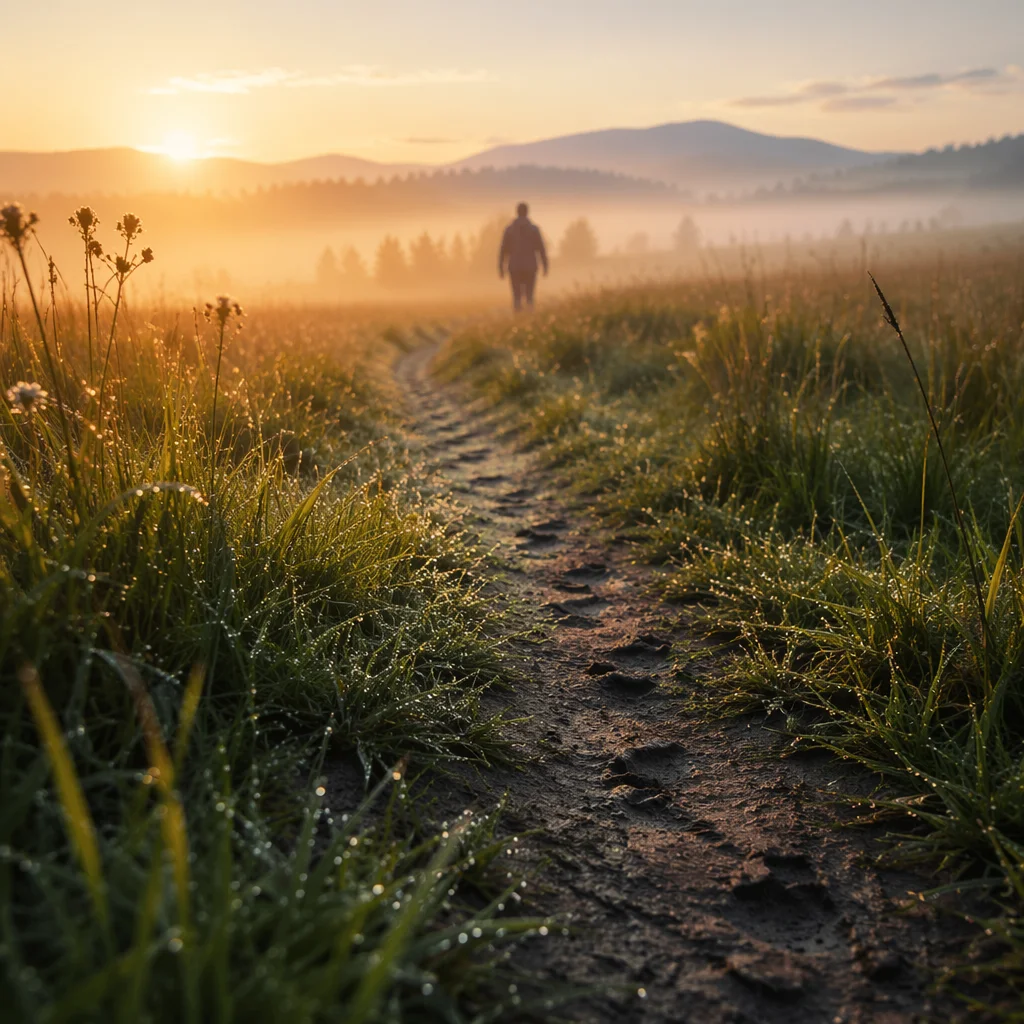 Obedient Footsteps Through Sunrise Meadow Path