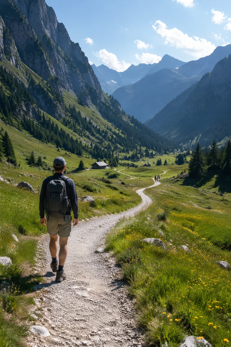 Obedient Footsteps Through Alpine Meadow Path