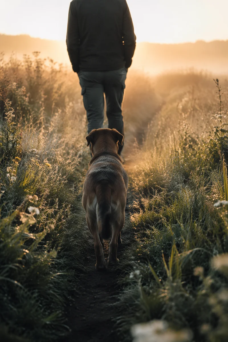Faithful Dog Following Path Through Meadow