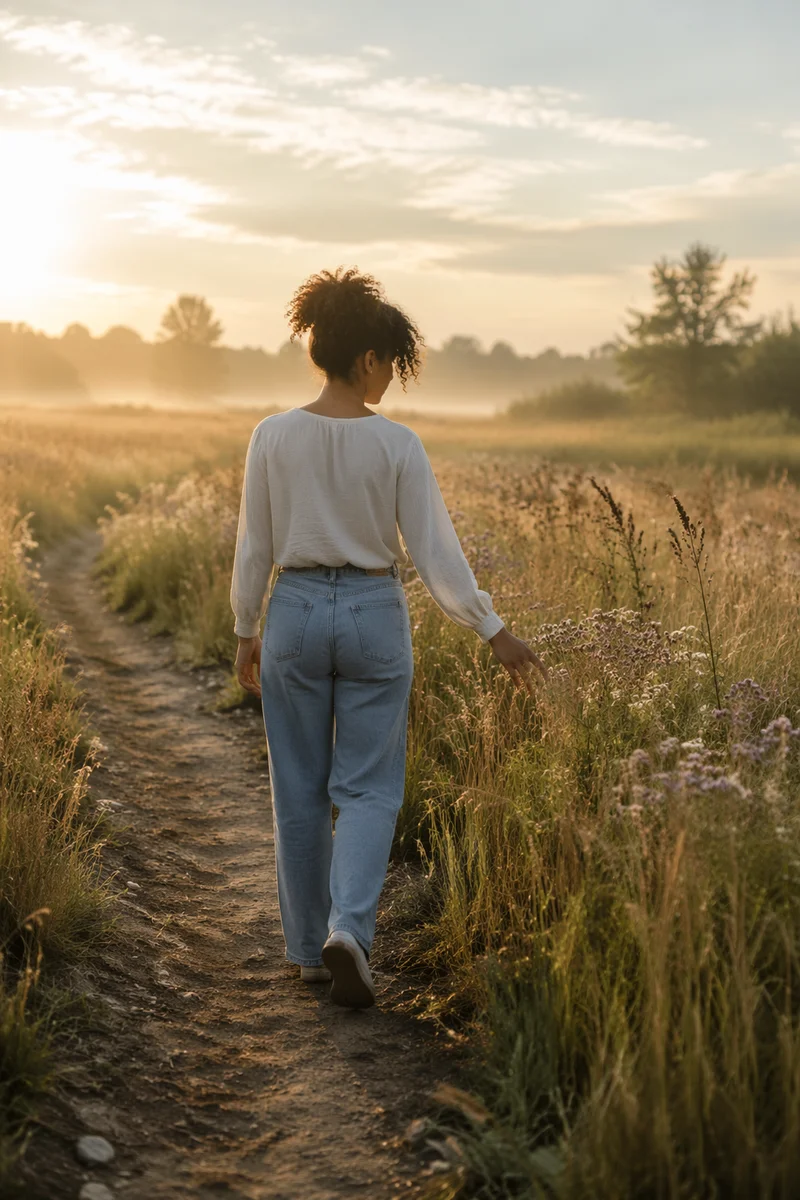 Woman Walking Meadow Path at Sunrise