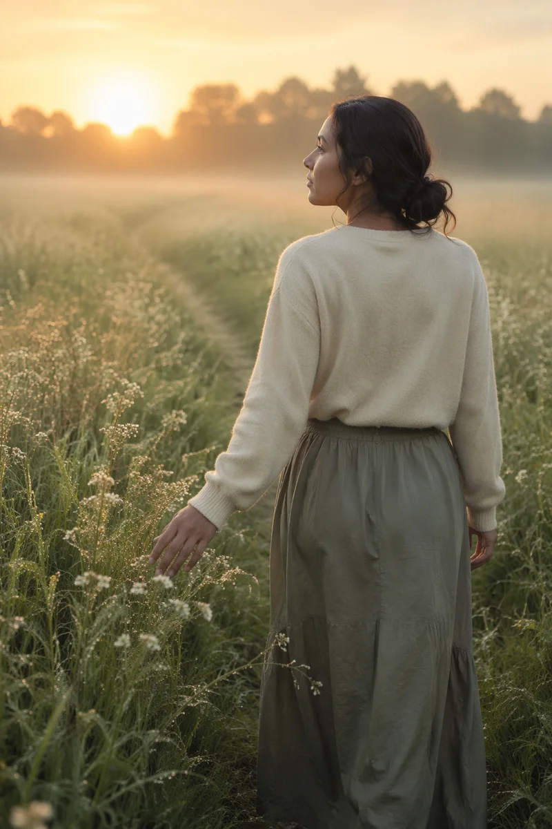 Young Woman Walking Meadow Path at Dawn