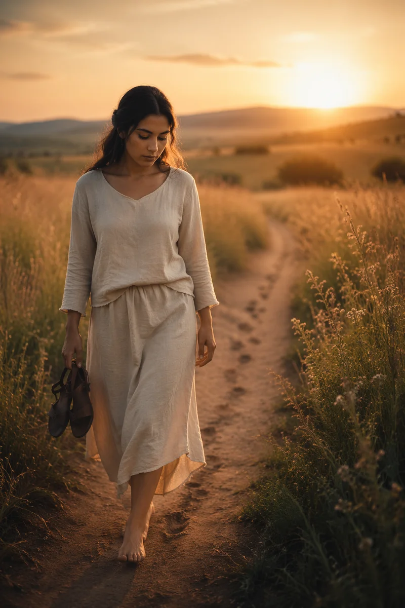 Woman Walking Meadow Path at Sunrise
