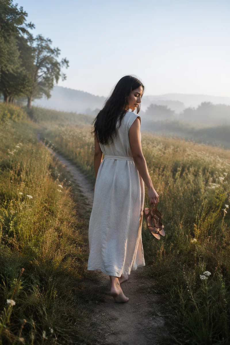 Woman Walking Meadow Path at Dawn