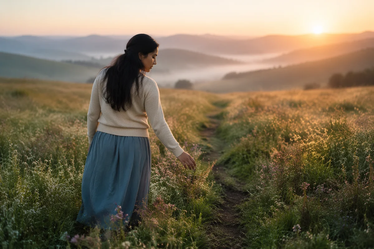 Young Woman Walking Through Misty Meadow