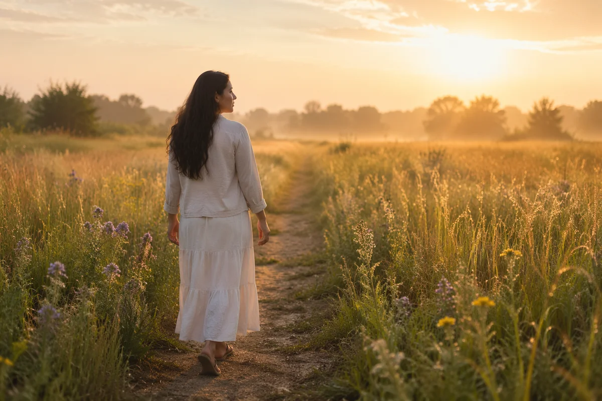 Young Woman Walking Meadow Path at Dawn
