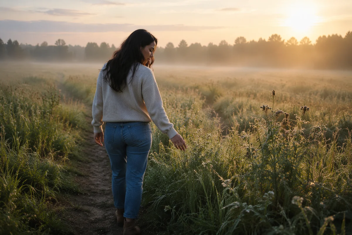 Woman Walking Meadow Path at Sunrise