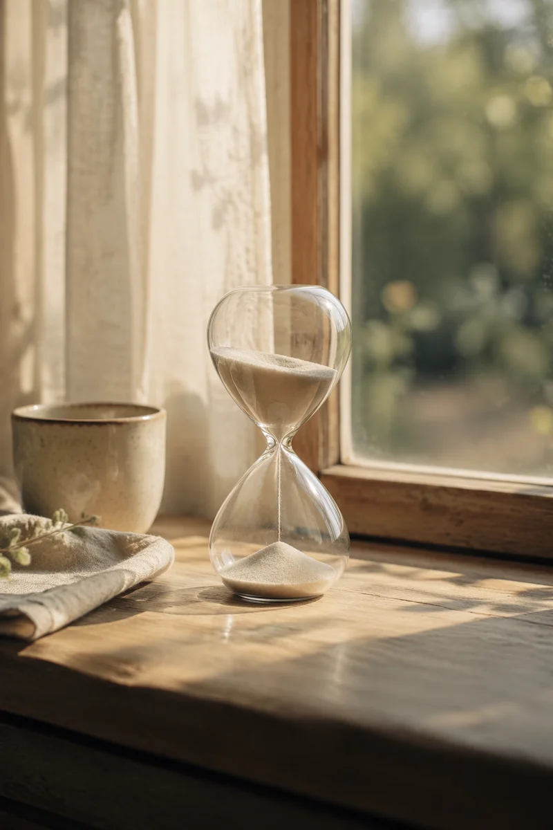 Hourglass on Sunlit Wooden Windowsill
