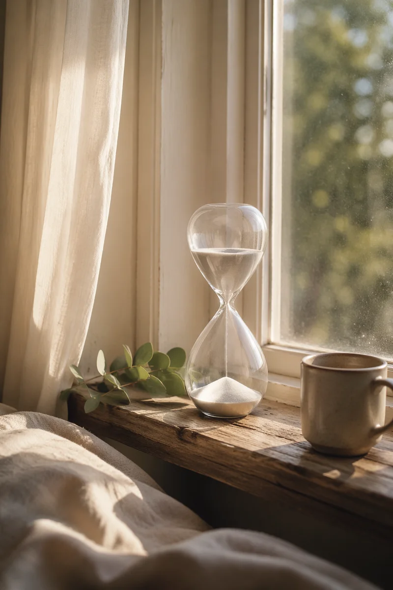 Hourglass on Sunlit Wooden Windowsill