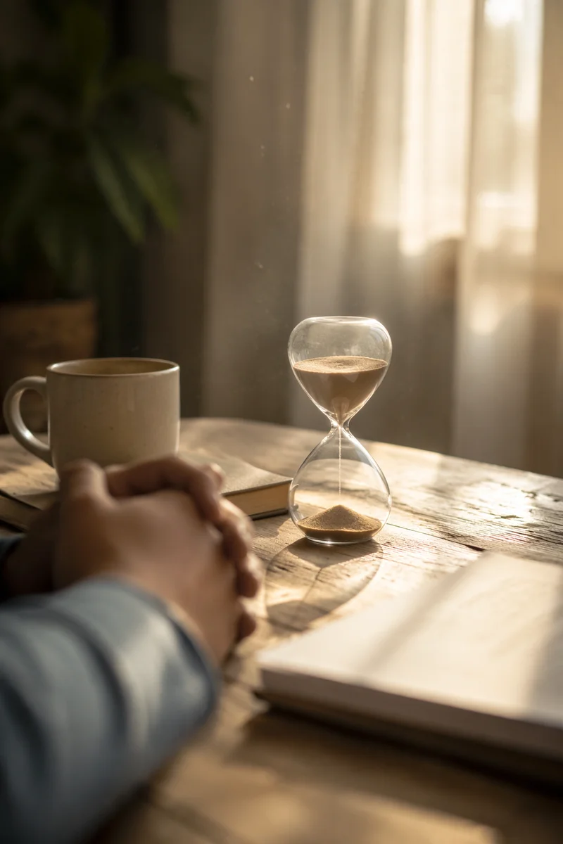 Patient Morning Reflection with Hourglass