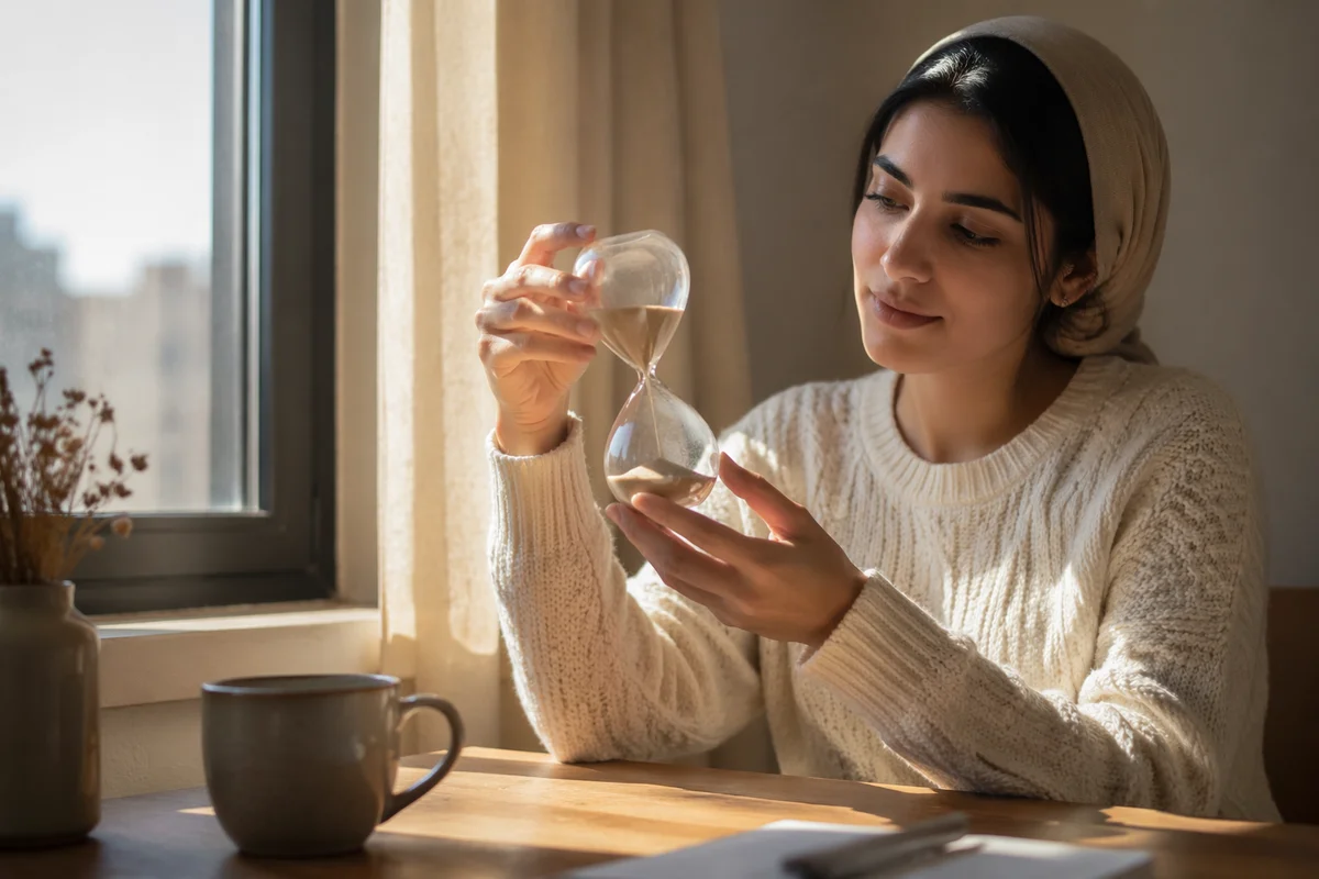 Young Woman Holding Hourglass by Window