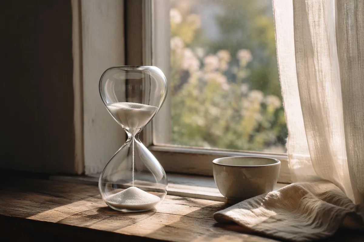 Hourglass on Sunlit Wooden Windowsill