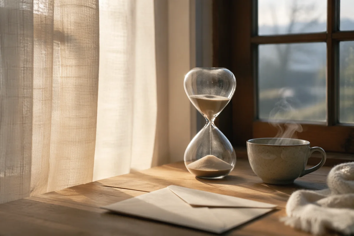 Hourglass and Tea on Sunlit Windowsill