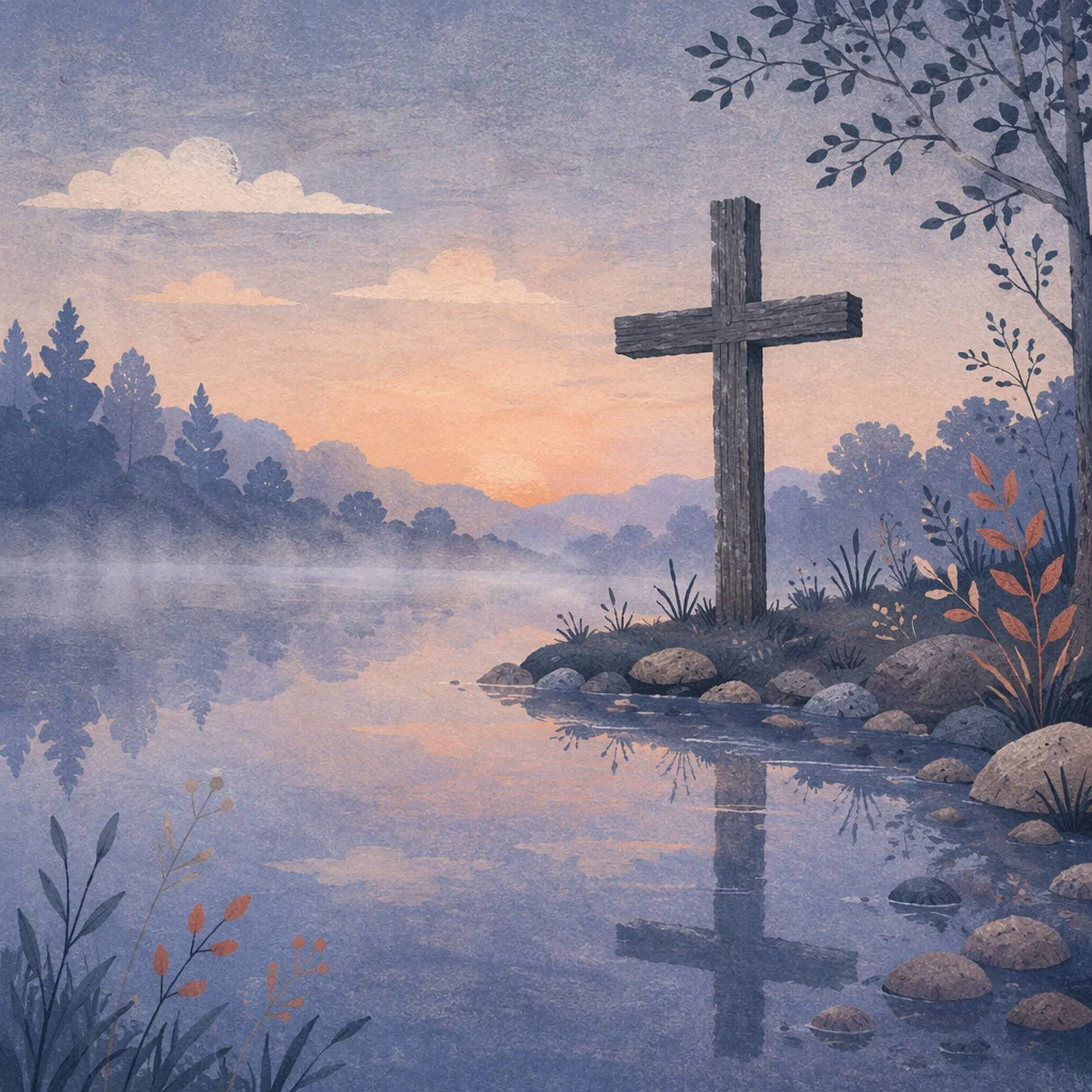 Peaceful Cross by Still Lake Reflection
