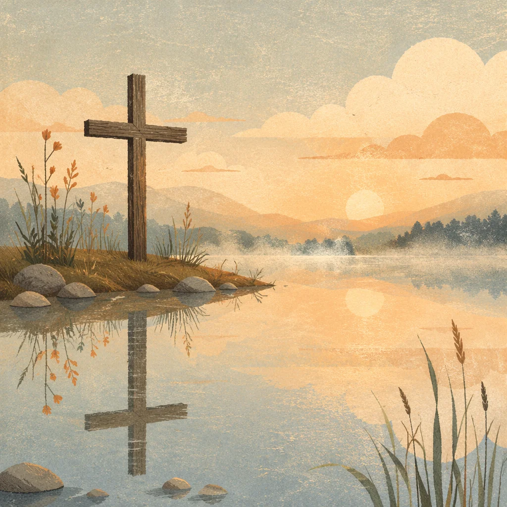 Peaceful Cross Reflection on Still Lake
