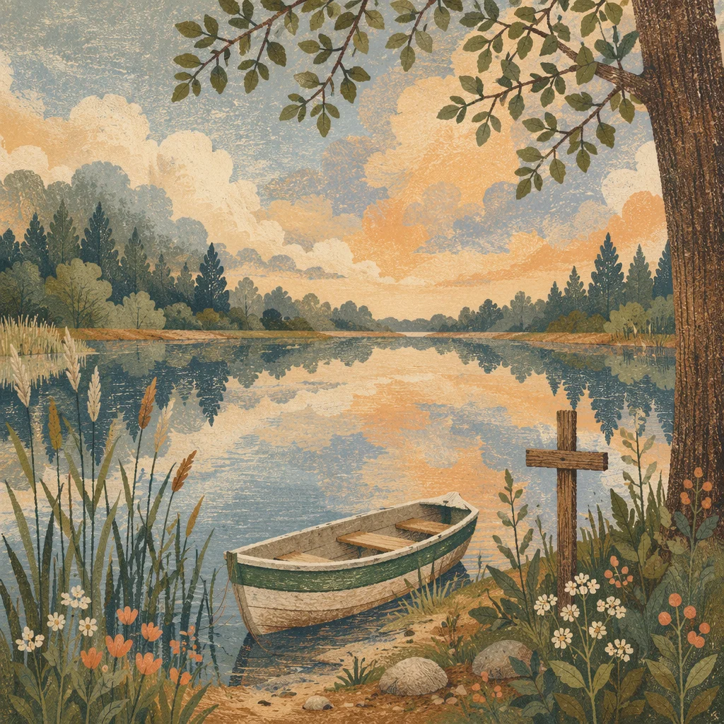 Peaceful Lakeside Cross Reflection at Sunset
