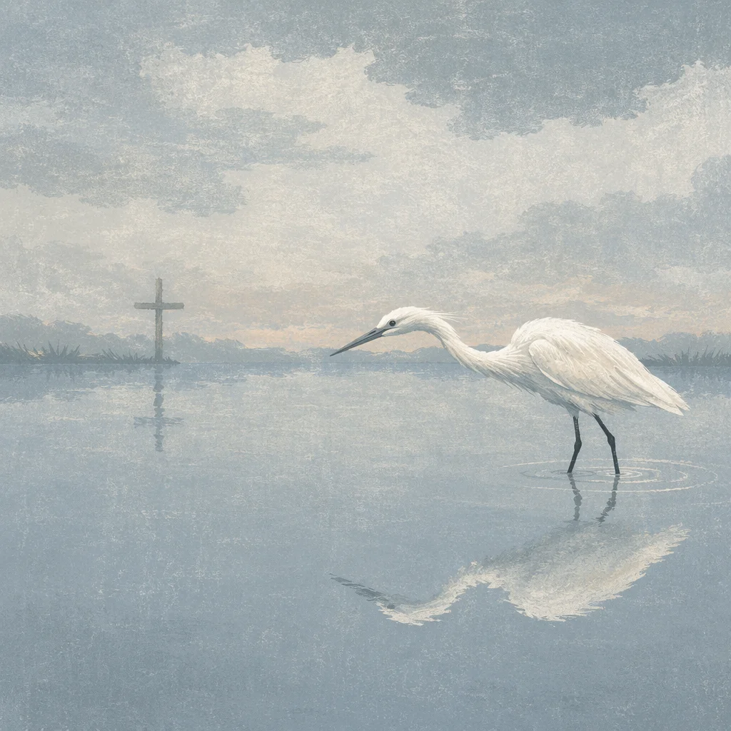 Peaceful Egret on Still Lake at Dawn