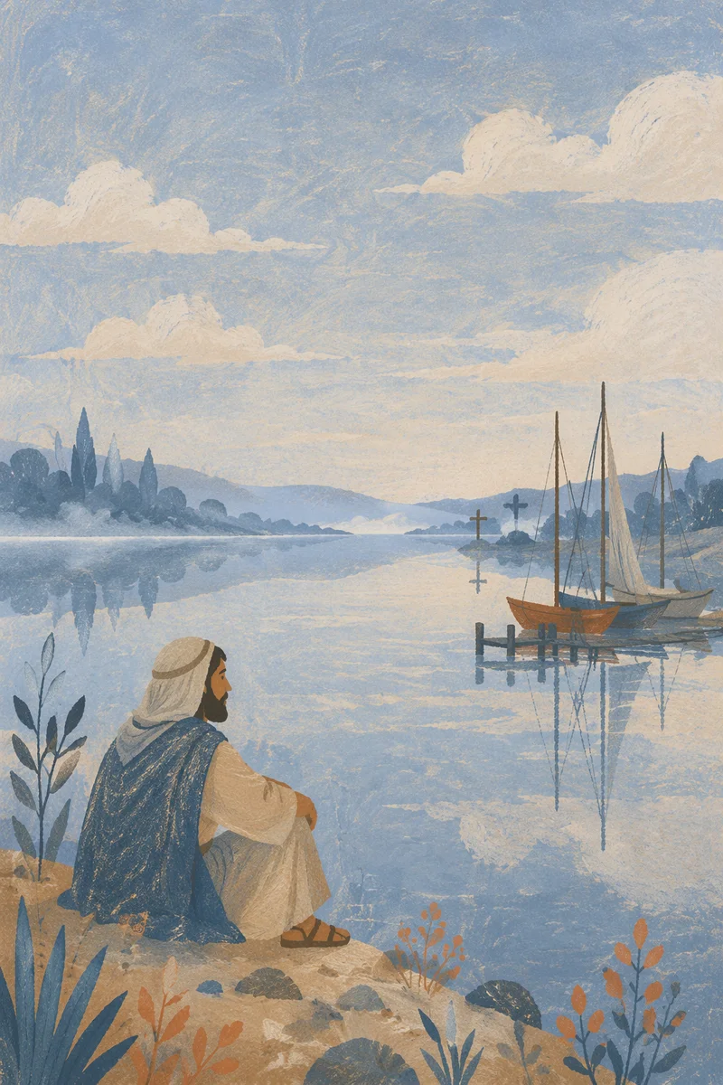 Peaceful Dawn Lake with Cross Reflection
