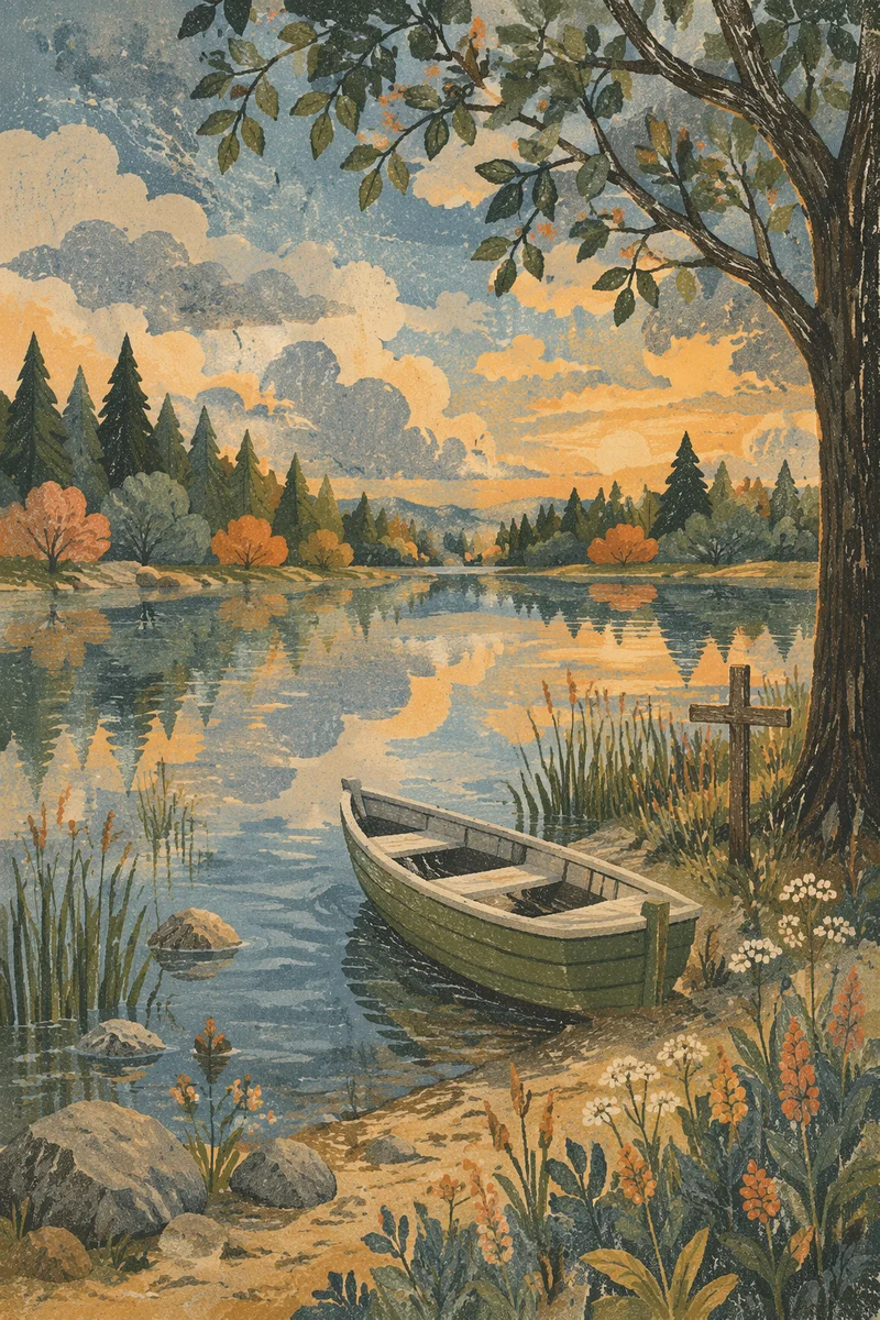Peaceful Lakeside Cross Reflection at Sunset