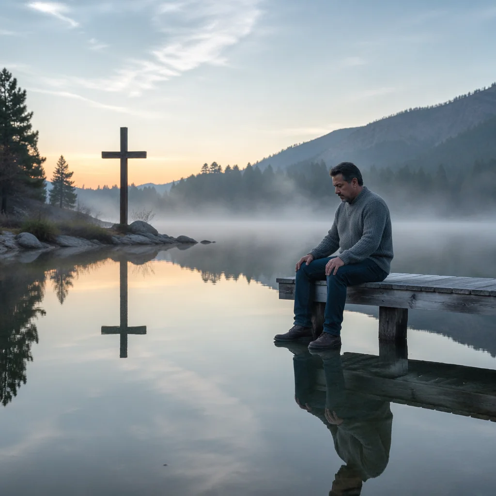 Man by Still Lake at Dawn
