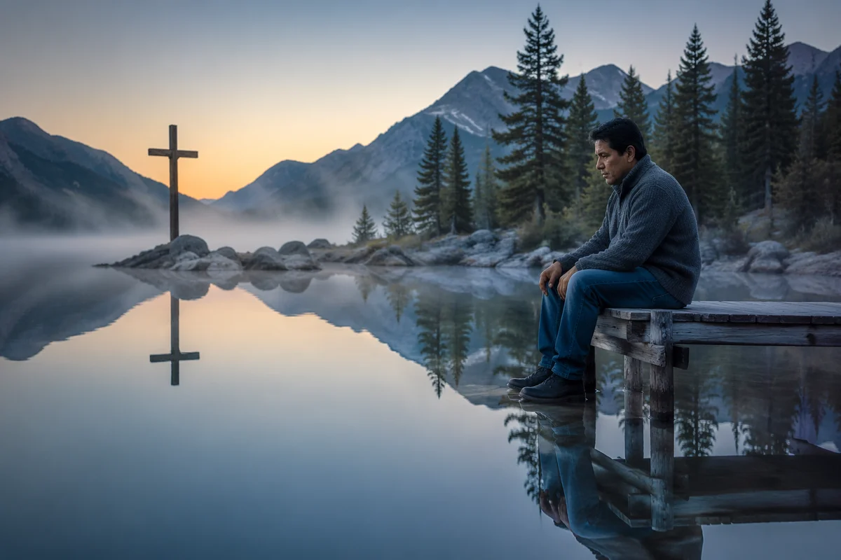 Still Mountain Lake with Wooden Cross