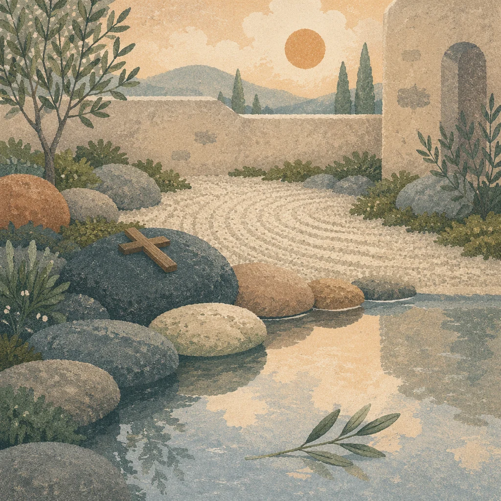 Peaceful Courtyard Stones with Wooden Cross
