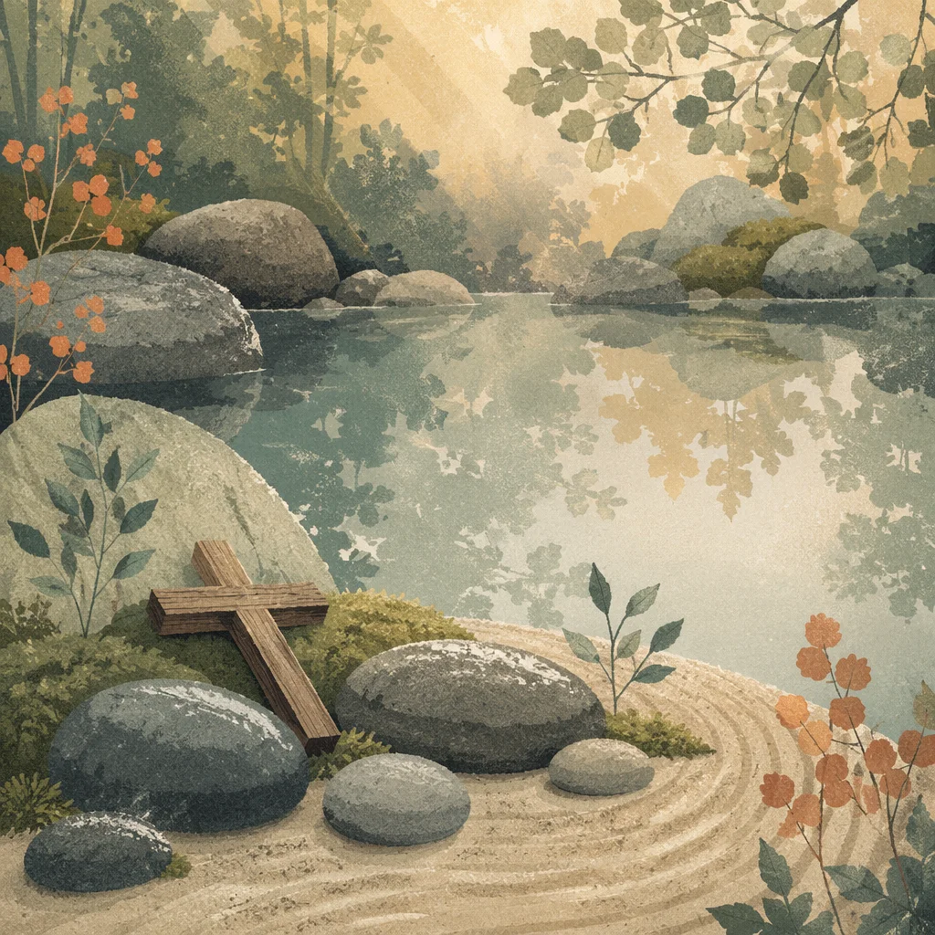 Peaceful Cross Beside Still Garden Water