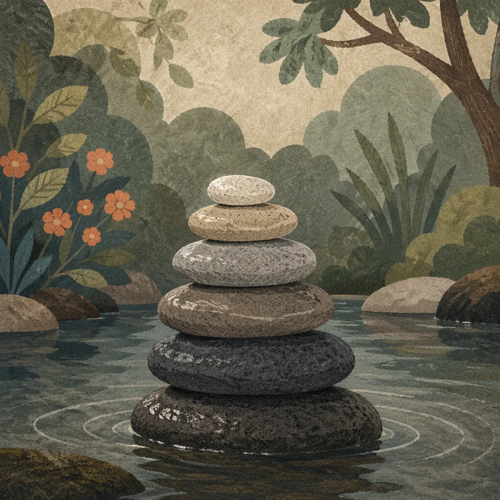 Peaceful Stacked Stones in Still Garden Water