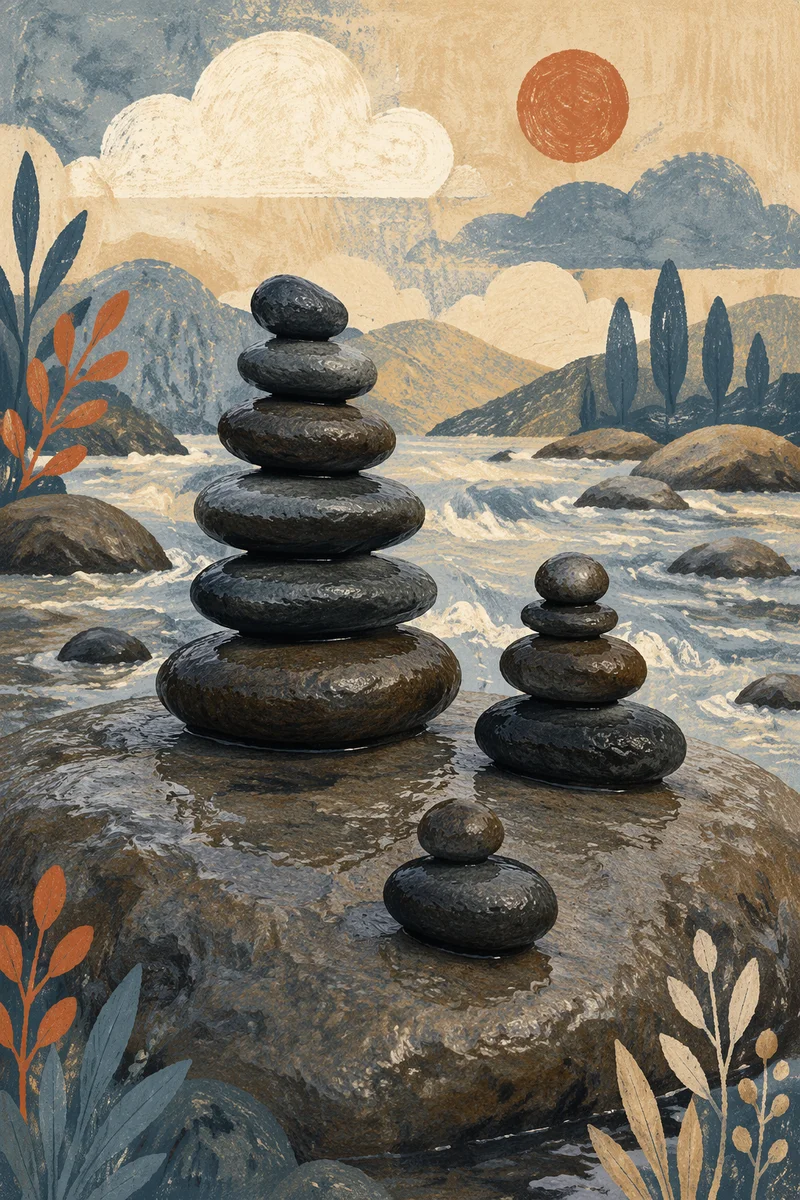 Peaceful Stone Cairns by Still Water