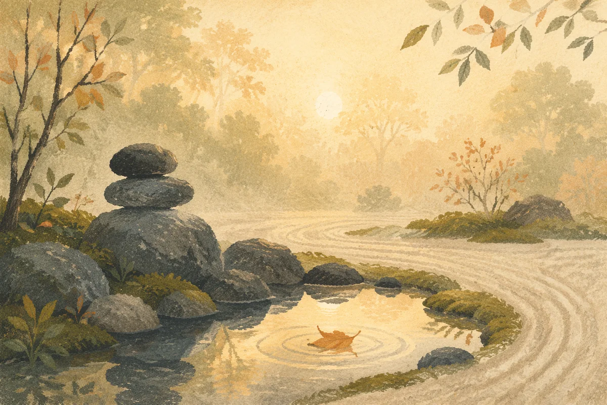 Peaceful Still Water Garden Stones at Dawn