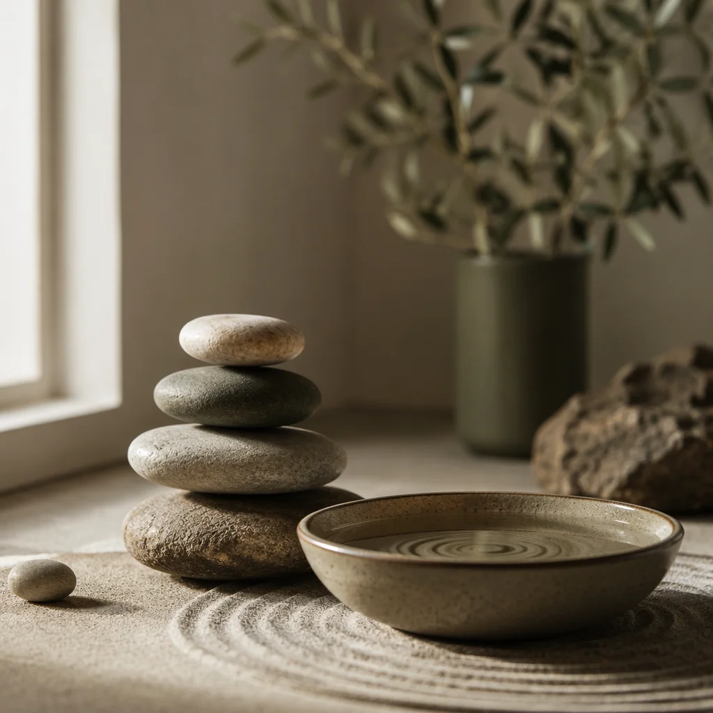 Stacked River Stones Beside Still Water