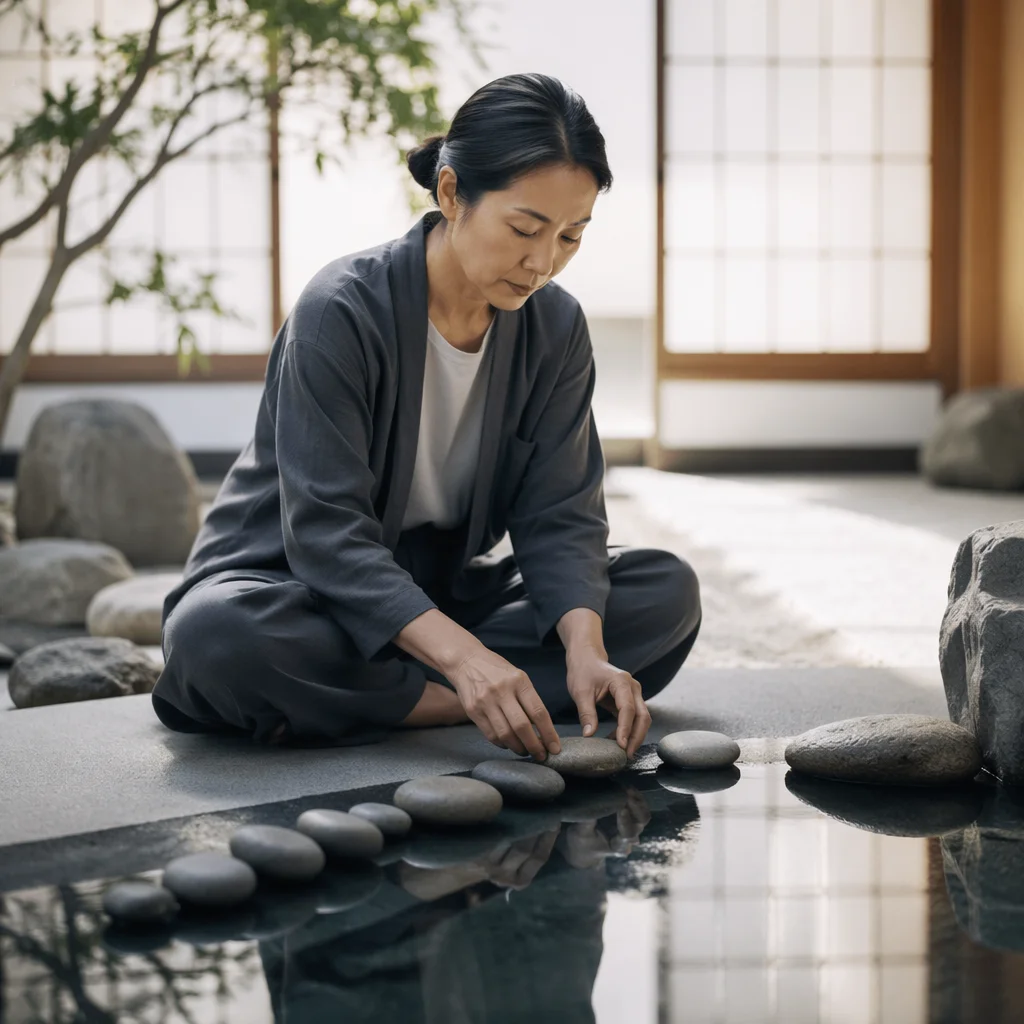 Woman Arranging Stones in Indoor Zen Garden