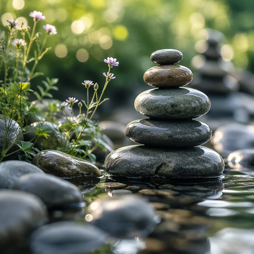 Peaceful Still Water Stones in Garden Light