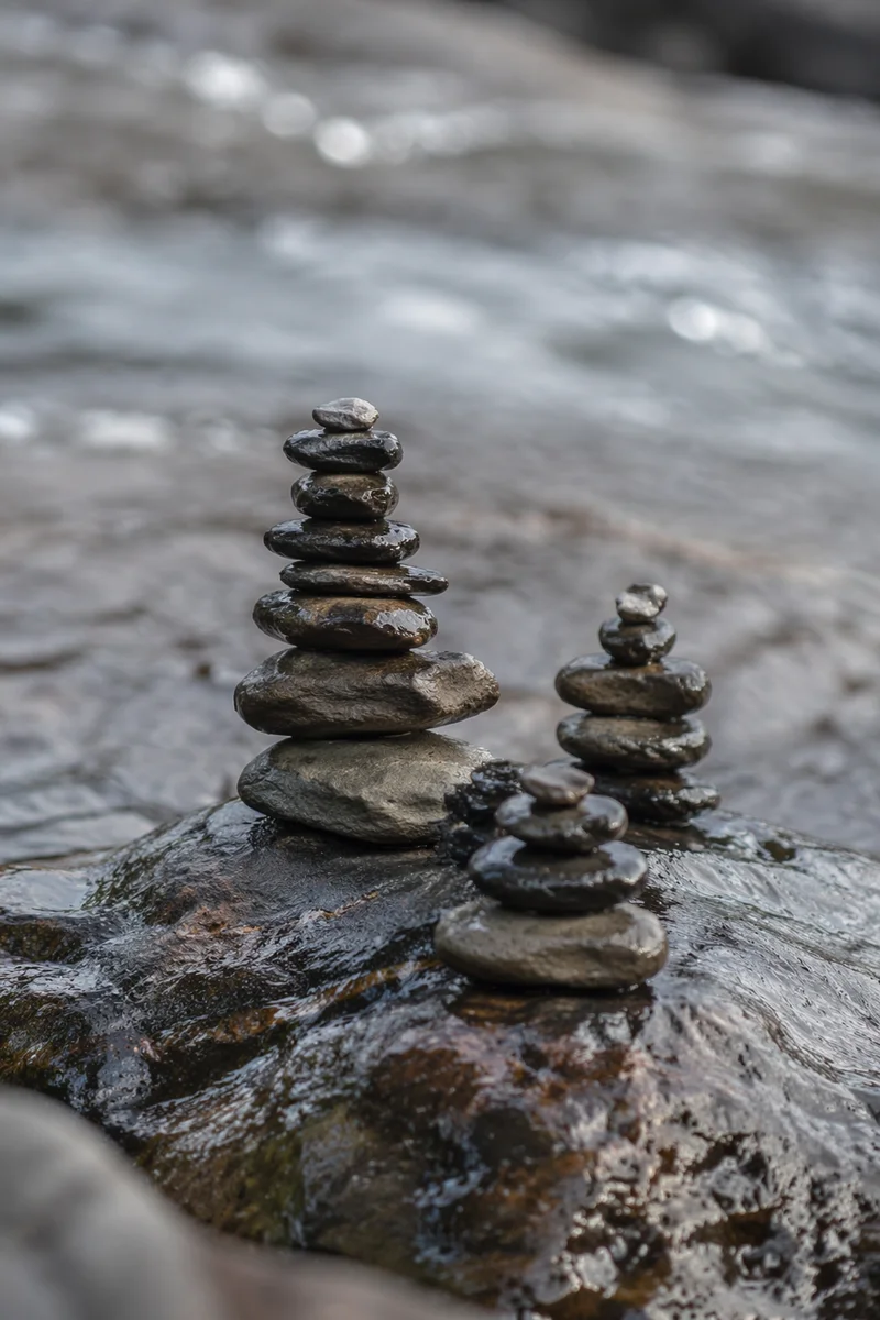 Peaceful Stone Cairns by Still Water