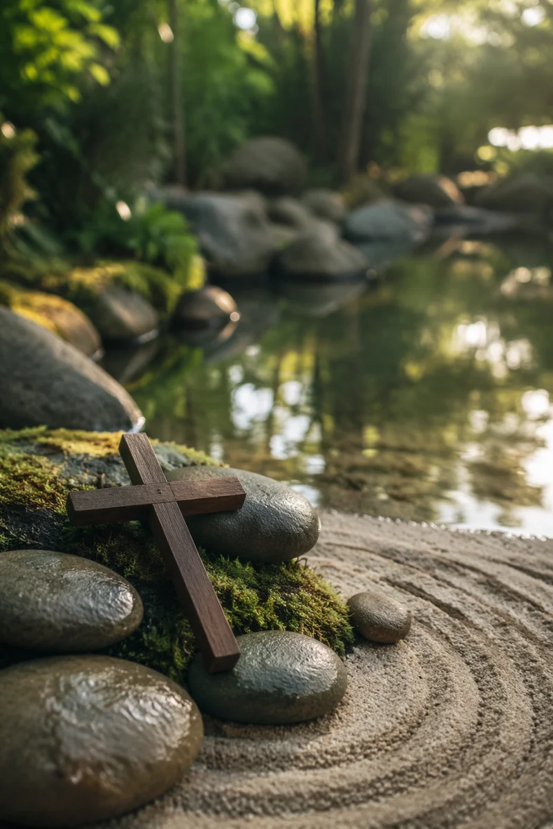 Peaceful Cross by Still Garden Water