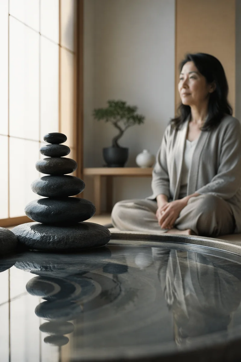 Stacked River Stones Beside Still Water