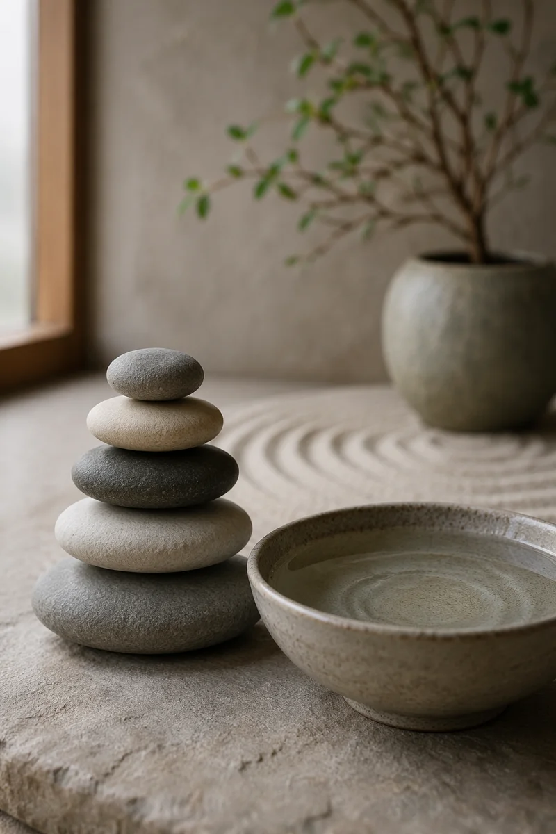 Stacked River Stones Beside Still Water